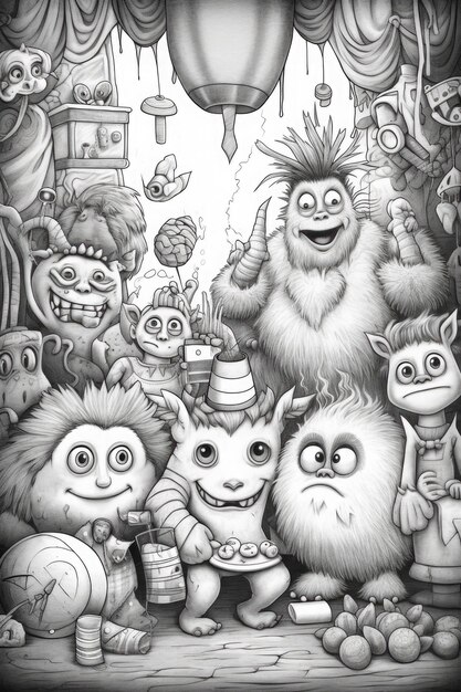 Premium ai image a blowout monster party clean line coloring page for adults