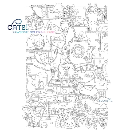 Cats adult coloring page no spring pdf printable kittens cute kawaii doodle kitty digi stamp digital download illustrated by jen katz