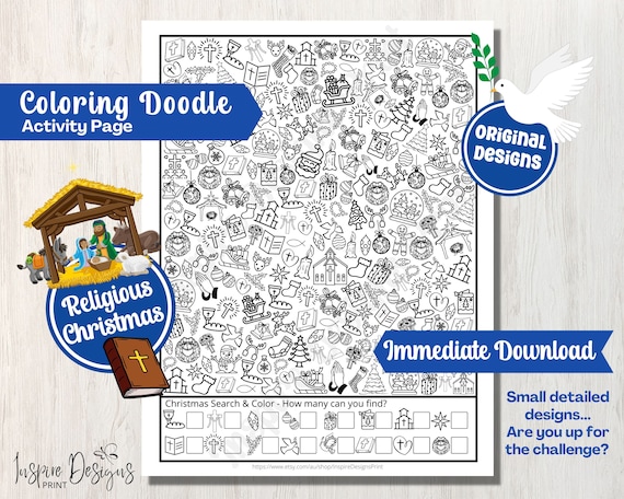 Religious christmas search color doodles i spy printable counting page adults and kids holiday vacation party activity craft sheet