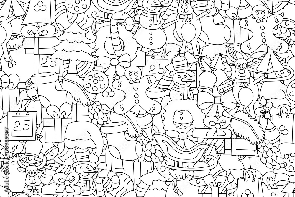 Christmas background black and white outlined coloring page hand drawn cartoon style doodle vector illustration vector