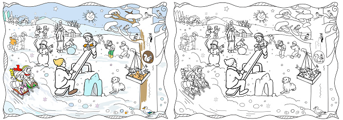 Vector christmas horizontal line coloring page for kids with cute family characters black and white winter holiday illustration with family house snowman animals funny poster color and black and stock illustration