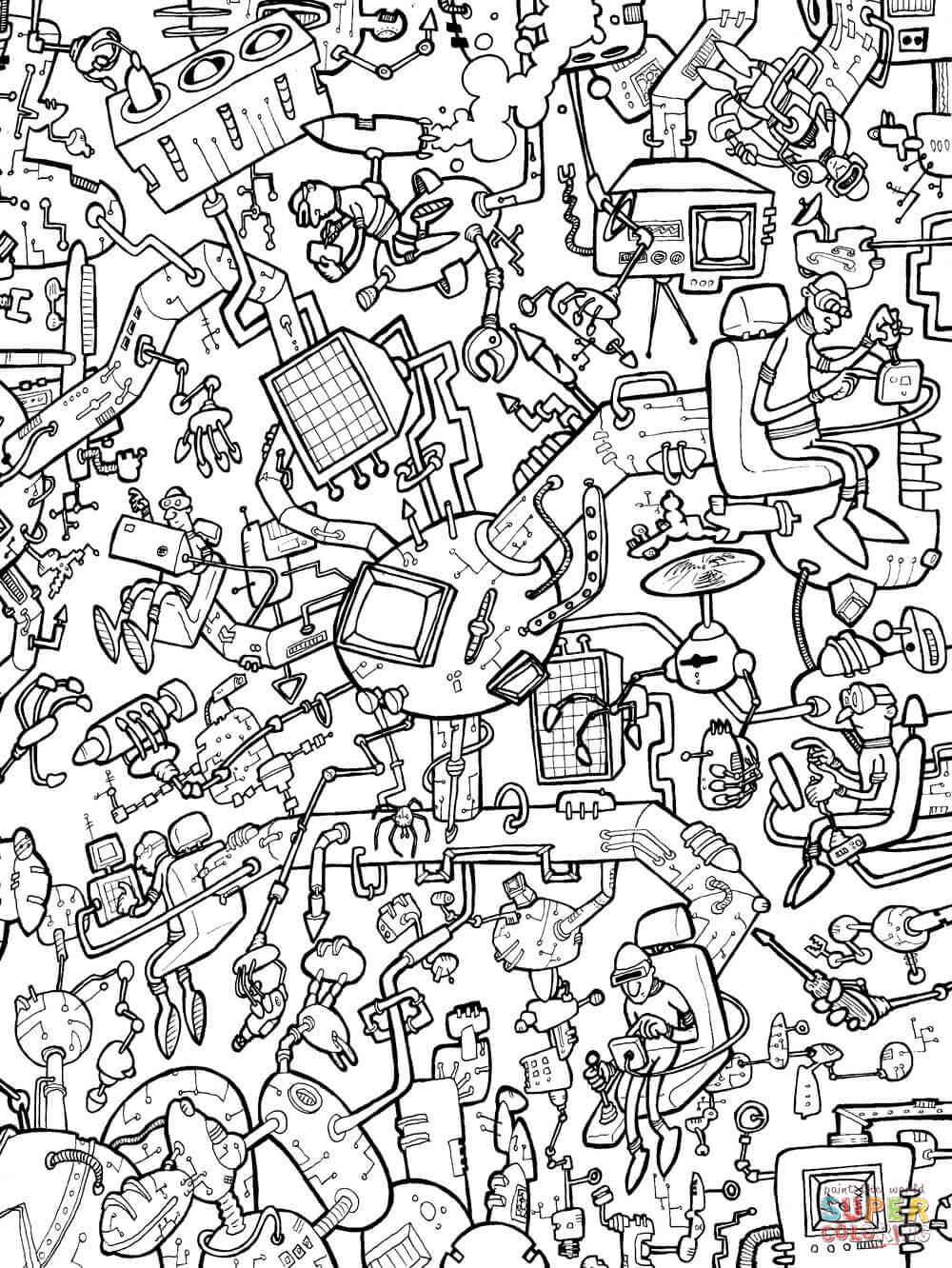 Crazy tech thing doodle coloring page free printable coloring pages