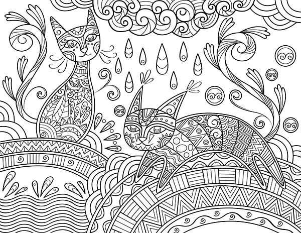 Printable whimsical cat adult coloring page