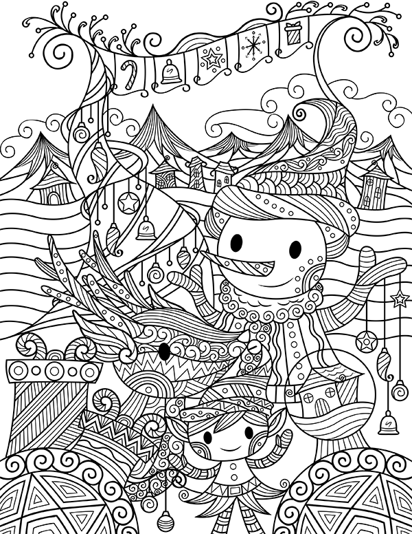 Printable whimsical christmas adult coloring page