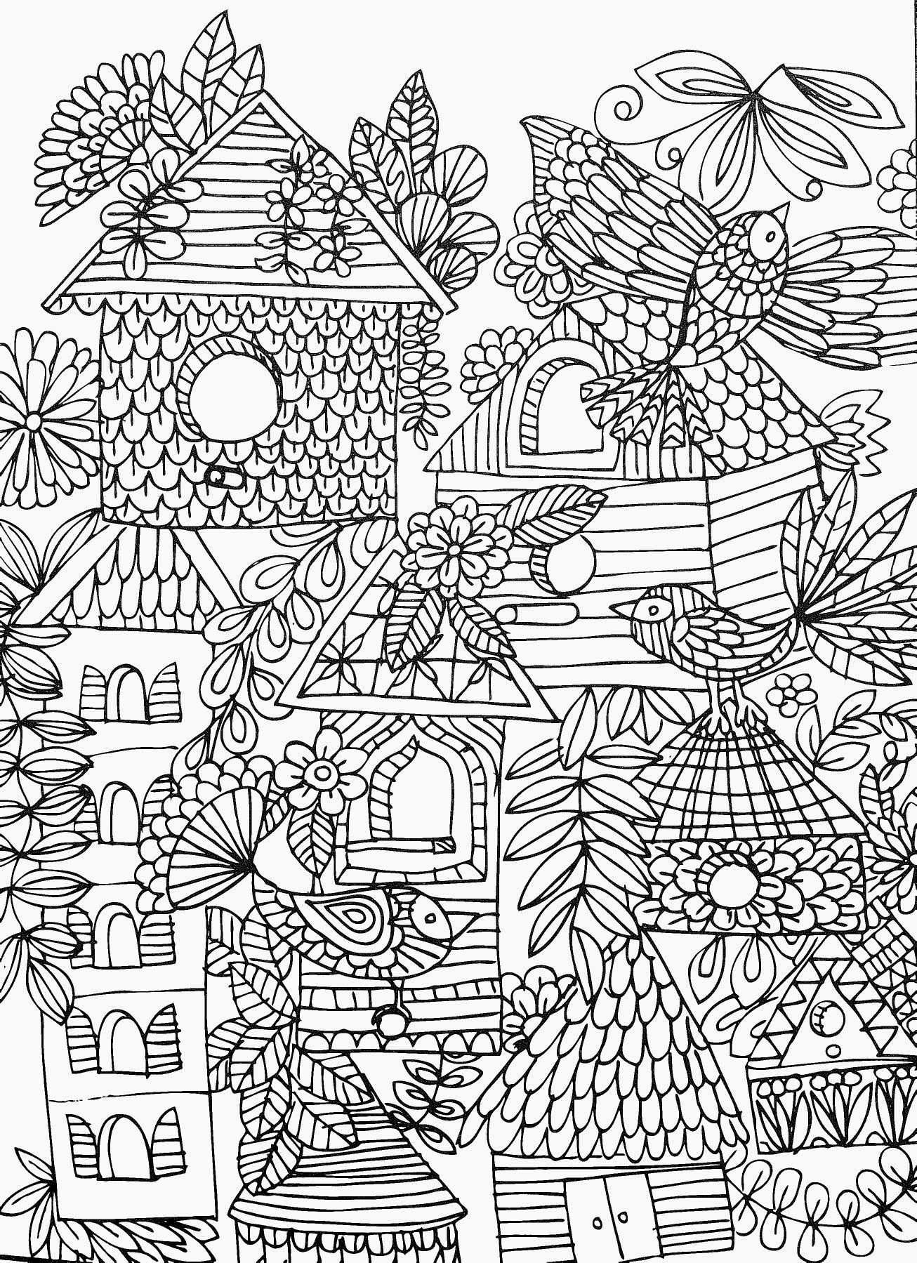 Fun funky birds birdhouses adult coloring page abstract whimsical unique coloring pages unique coloring pages abstract coloring pages