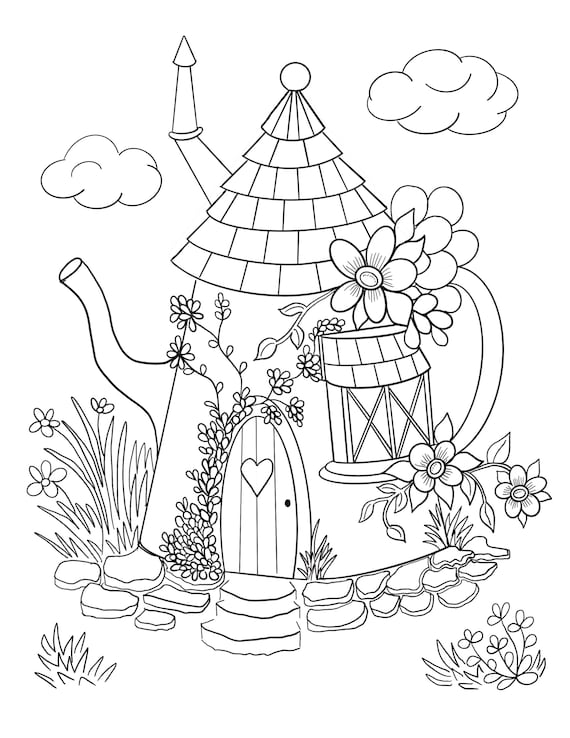 Whimsical teapot house adult coloring page pdf digital download