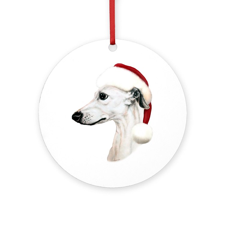 White whippet santa round ornament