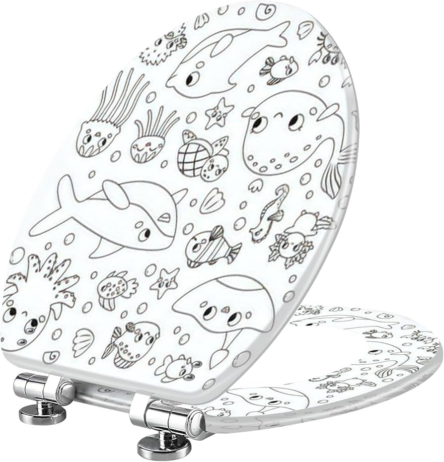 D coloring page sea animals cute cartoon characters set ocean fish crab resin elongated toilet seat with cover quiet close quick release hinges decorative toilet seat easy to clean install home decor