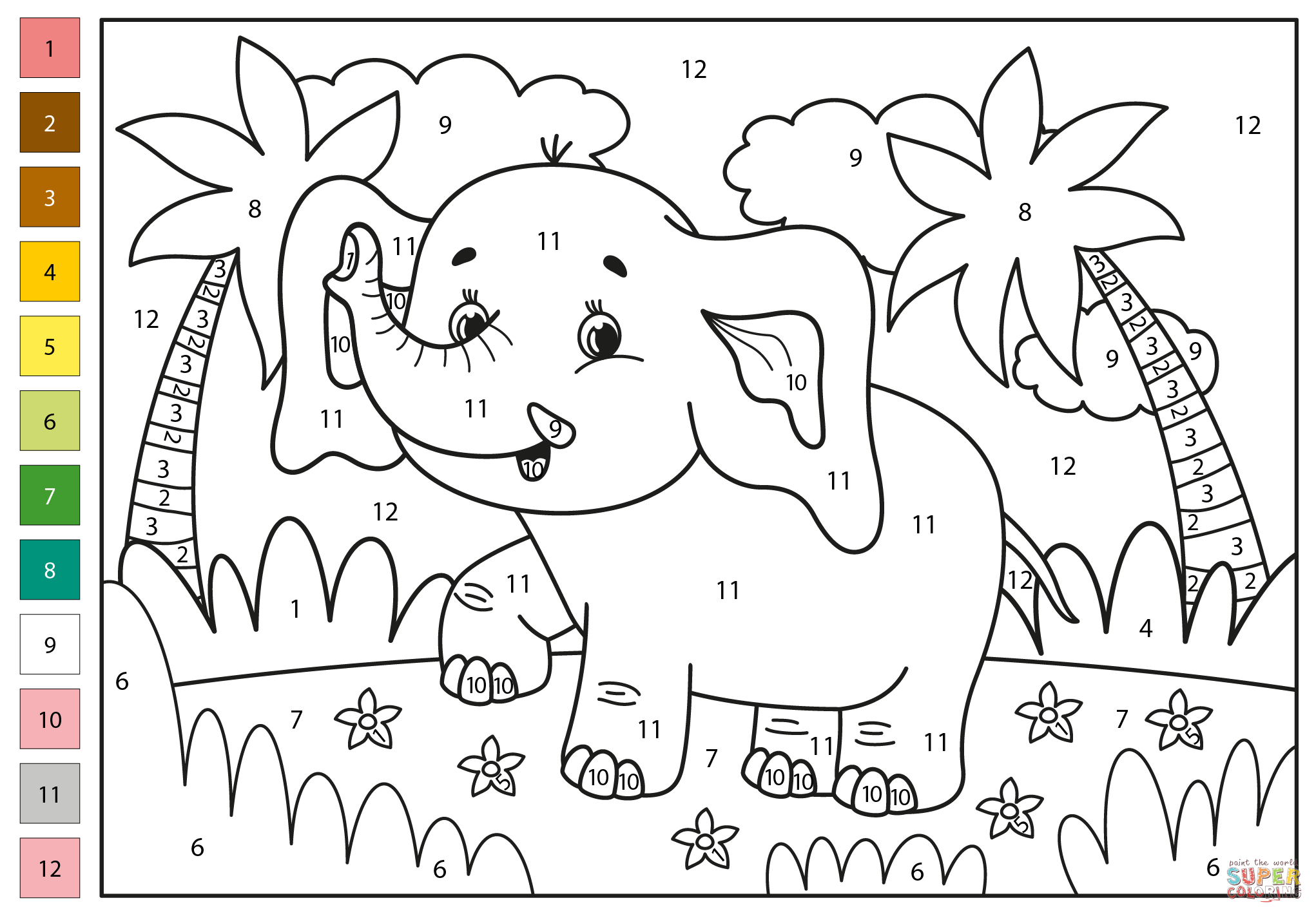 Elephant color by number free printable coloring pages