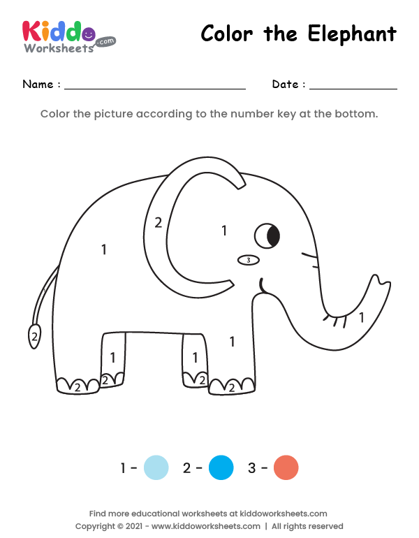 Free printable color the elephant worksheet