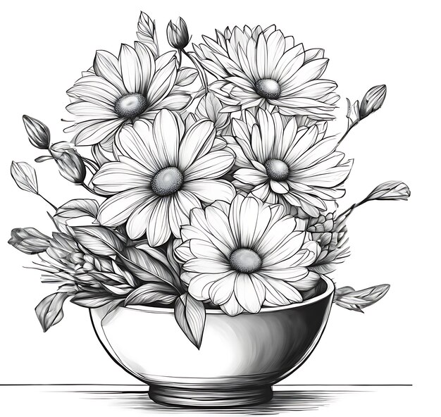 Premium ai image floral bowl coloring page inspired by korea leonid afremov and charles white coloring page