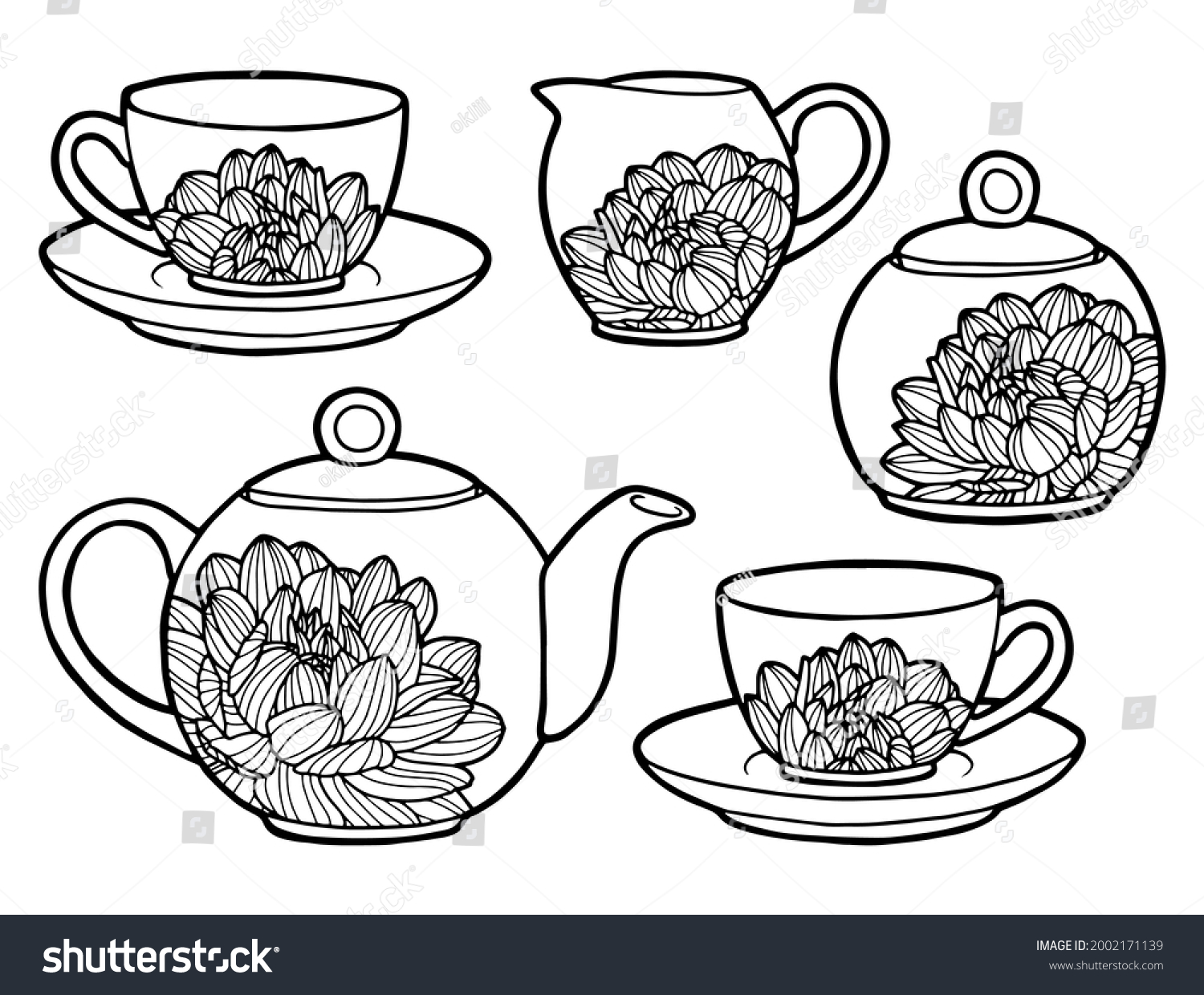 Tea set floral ornament coloring page stock vector royalty free