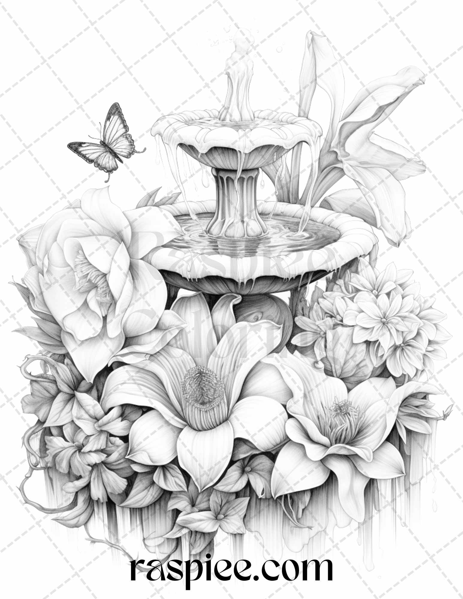 Blooming fountains grayscale coloring pages printable for adults p â coloring