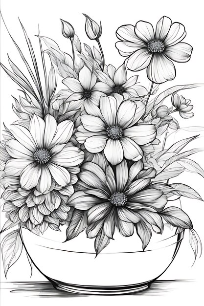 Premium ai image floral bowl coloring page inspired by korea leonid afremov and charles white coloring page