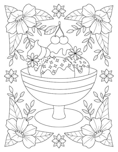 Premium vector a coloring page with a bowl of ice cream and flowers