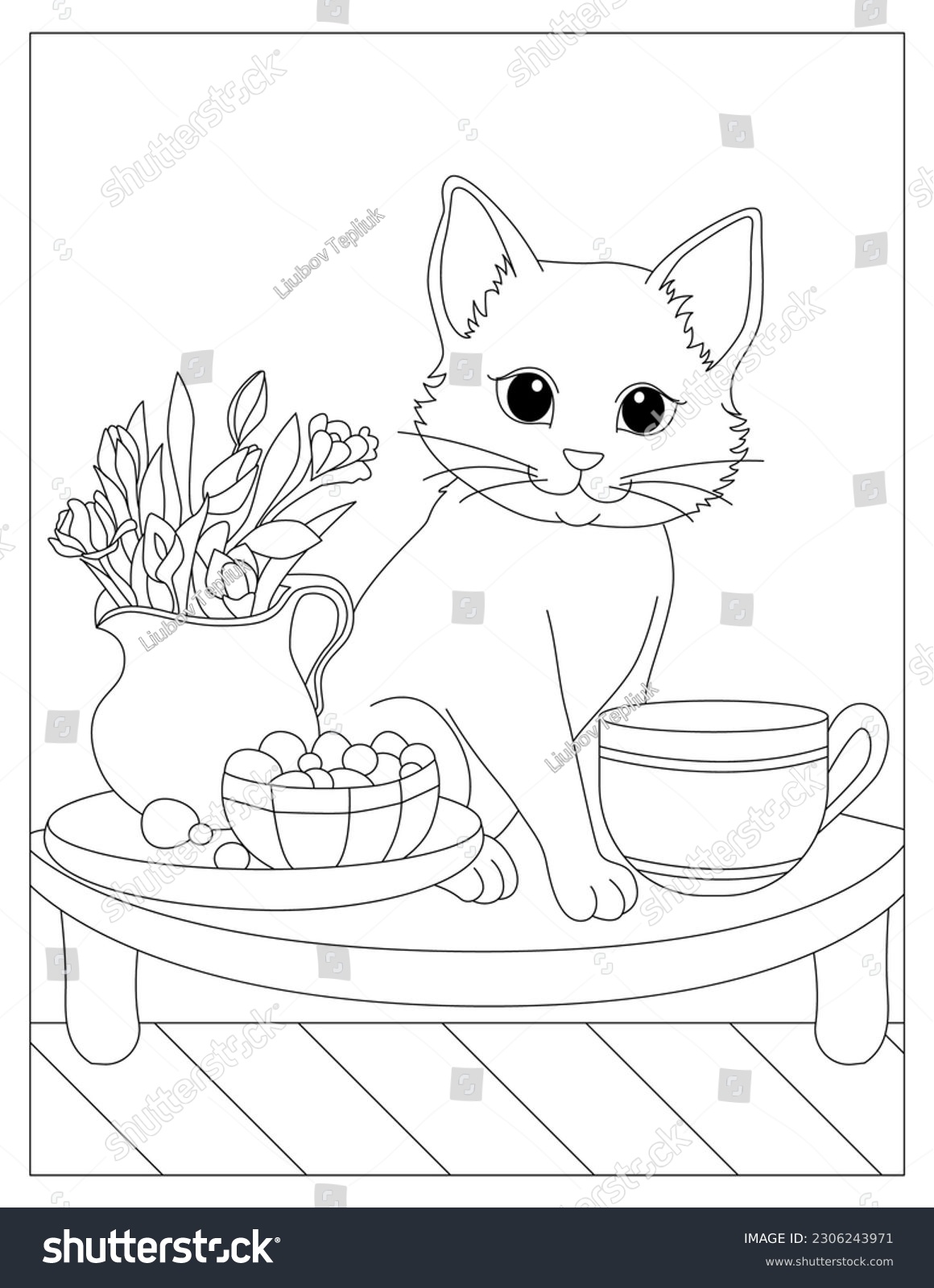 Coloring page cute fluffy cat sitting stock vector royalty free