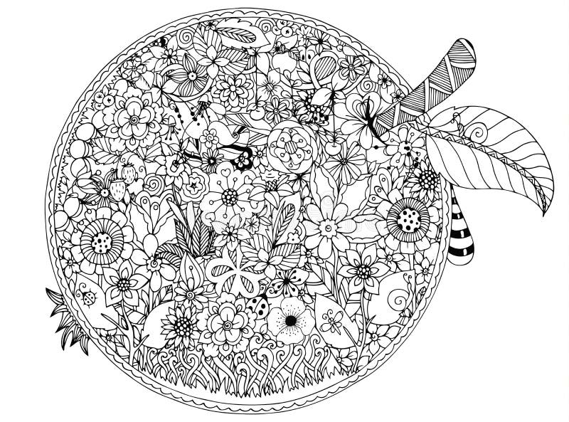 Vector illustration zentnagl apple flowers doodle drawing coloring book anti stress for adults black white stock vector