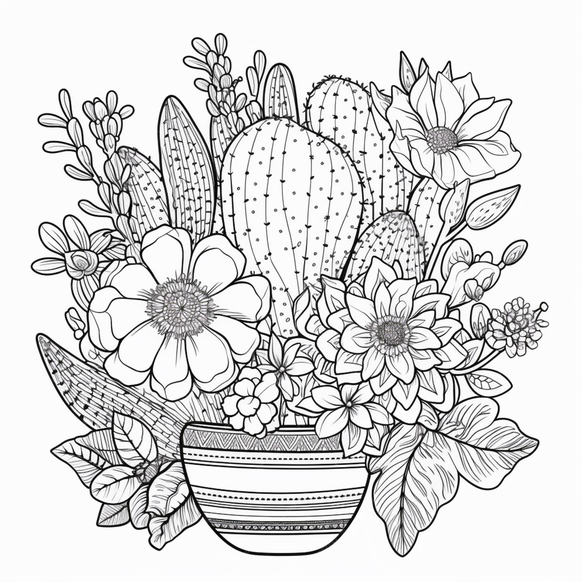 Premium photo a black and white drawing of a bowl with cactus and flowers