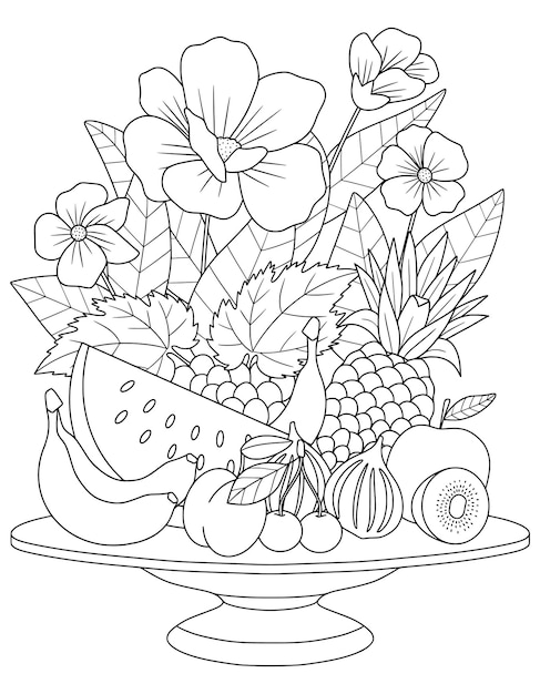 Premium vector a fruit plate with flowers and fruits on it