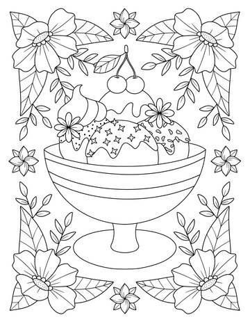 Premium vector a coloring page with a bowl of ice cream and flowers