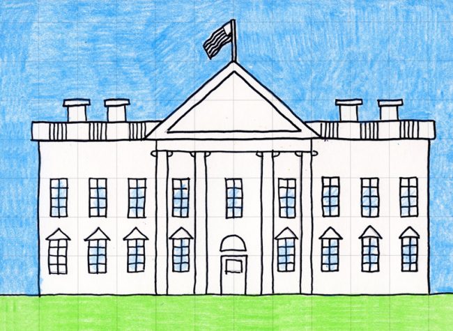 Easy draw the white house tutorial video and coloring page