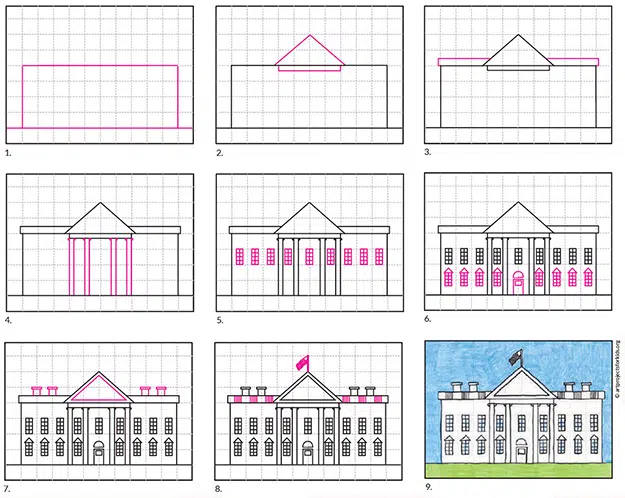 Easy draw the white house tutorial video and coloring page