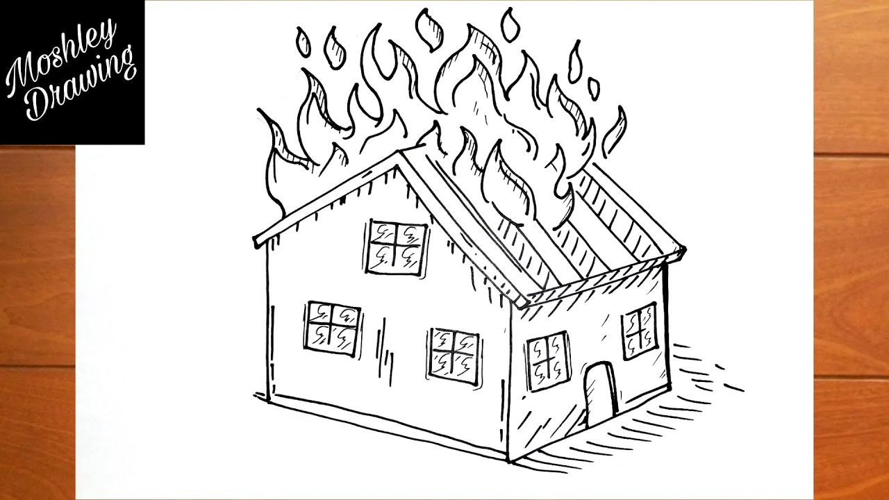 How to draw a burning house step by step