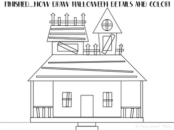 Halloween art haunted house directed drawing by three llamas mama