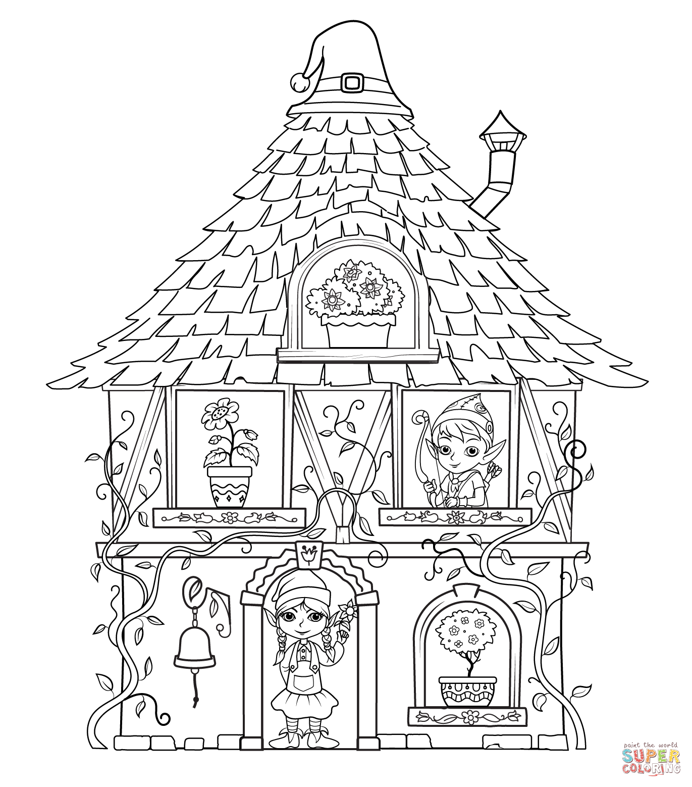 Elf house with characters coloring page free printable coloring pages