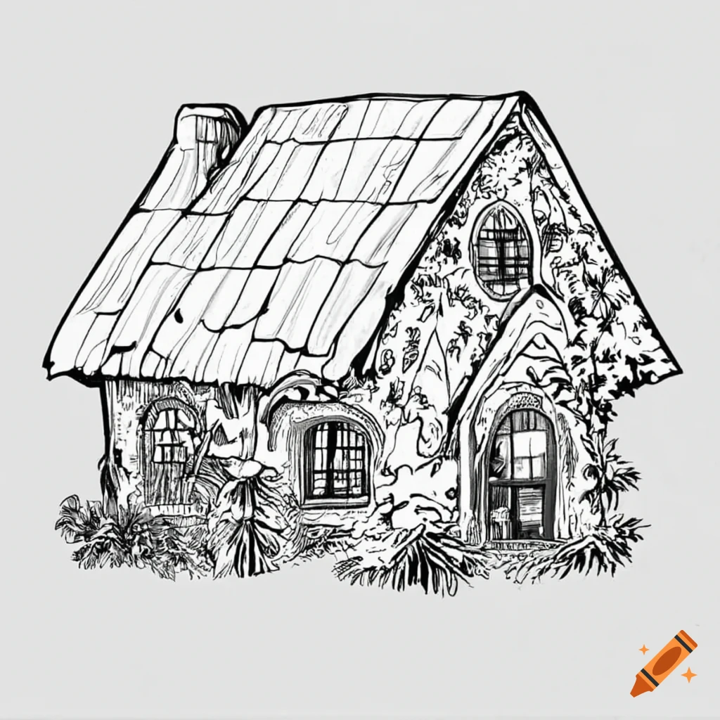 Coloring page of a cozy house with a garden on