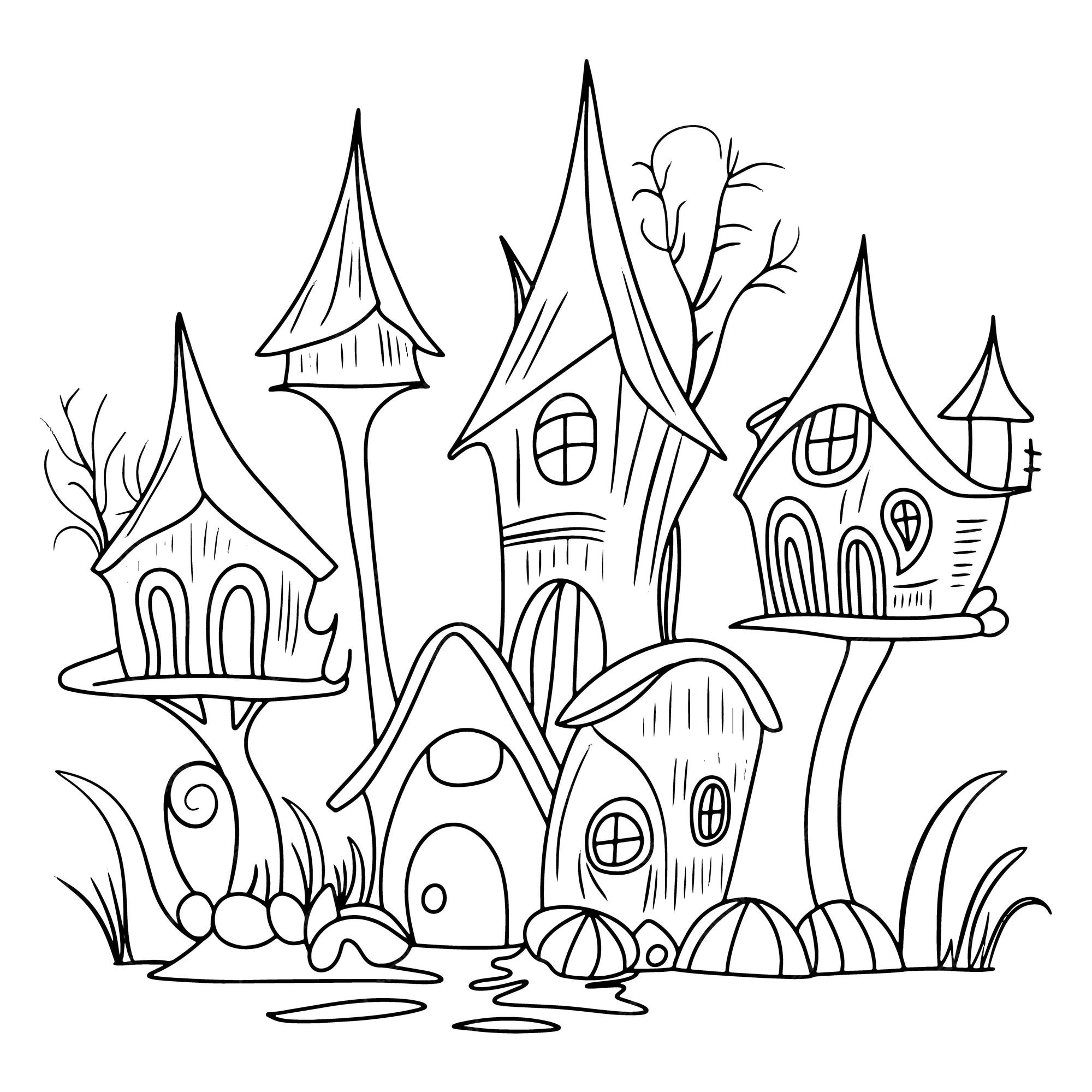 Premium vector a drawing of a village with a tree house in the center house coloring page for kids