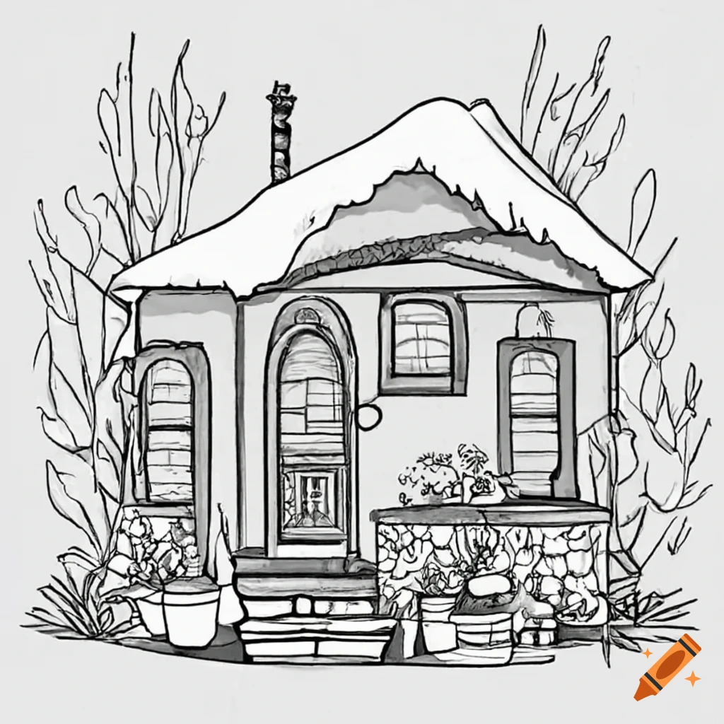 Coloring page of a cozy house with a garden on