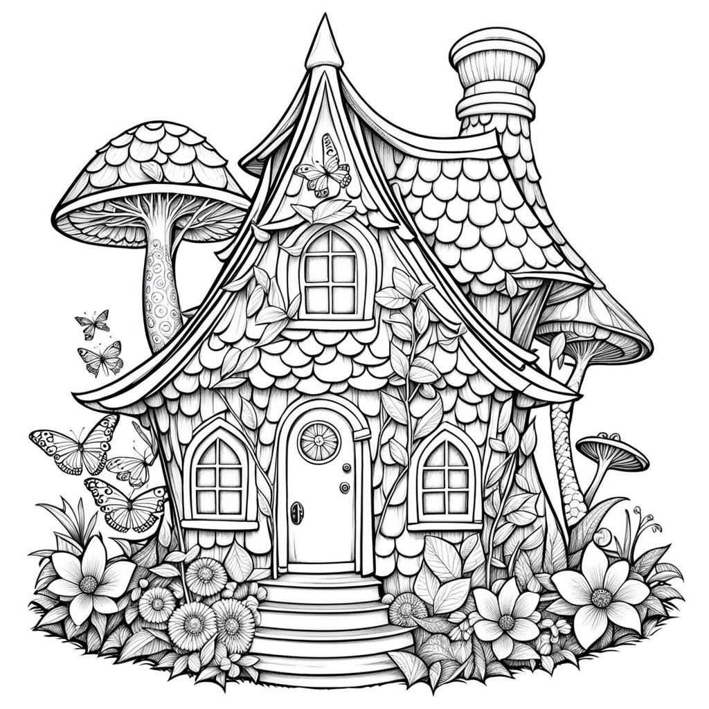 A stunning white ink drawing coloring page of whimsical magnificent fantasy garden fairy