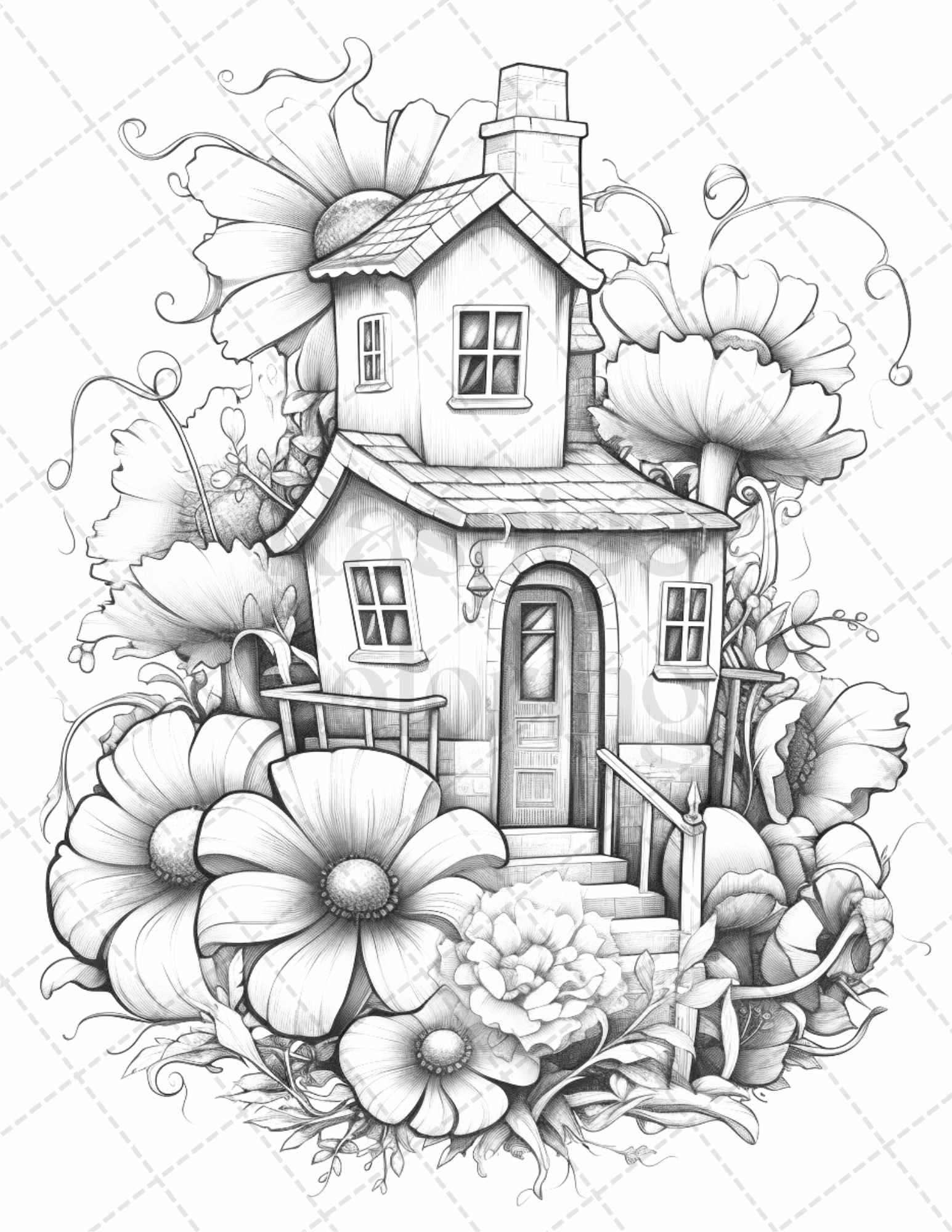 Flower houses grayscale coloring pages printable for adults pdf fi â coloring