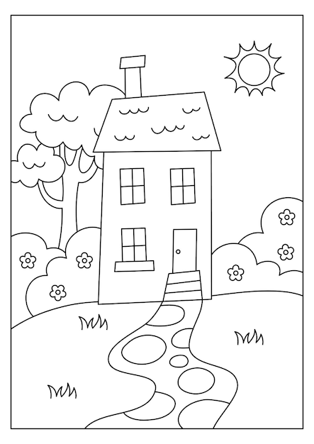 Premium vector house coloring page for kid activity printable vector