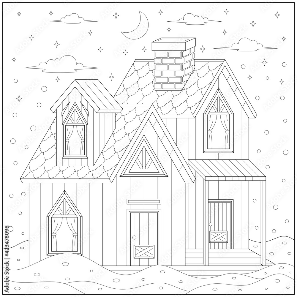 Big house in the winter season learning and education coloring page illustration for adults and children outline style black and white drawing vector