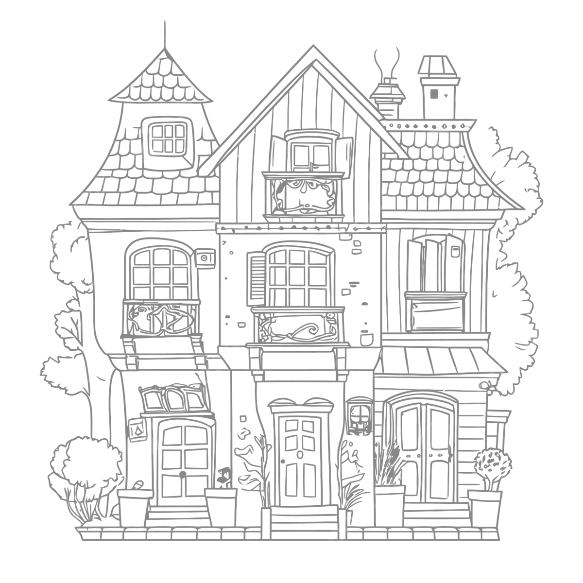 House coloring page with fancy buildings and trees outline sketch drawing vector tree drawing house drawing wing drawing png and vector with transparent background for free download