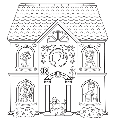 Barbie house with characters coloring page free printable coloring pages