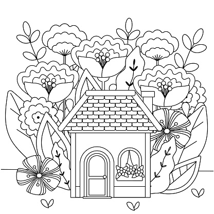 Cute kids coloring book with house and big flowers black outline of a simple drawing on a white background stock illustration