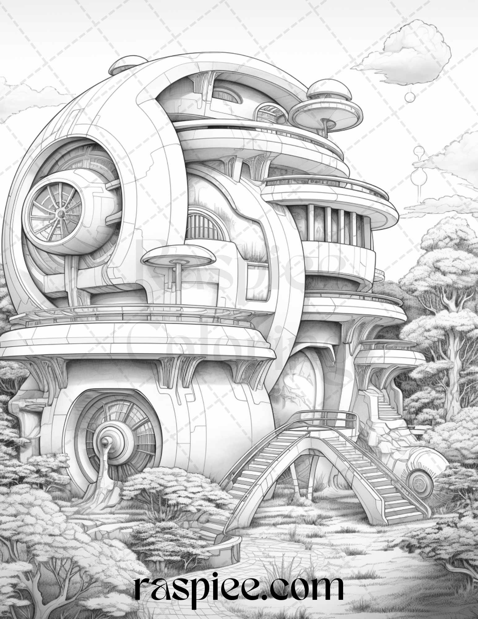 Futuristic houses grayscale coloring pages printable for adults pd â coloring