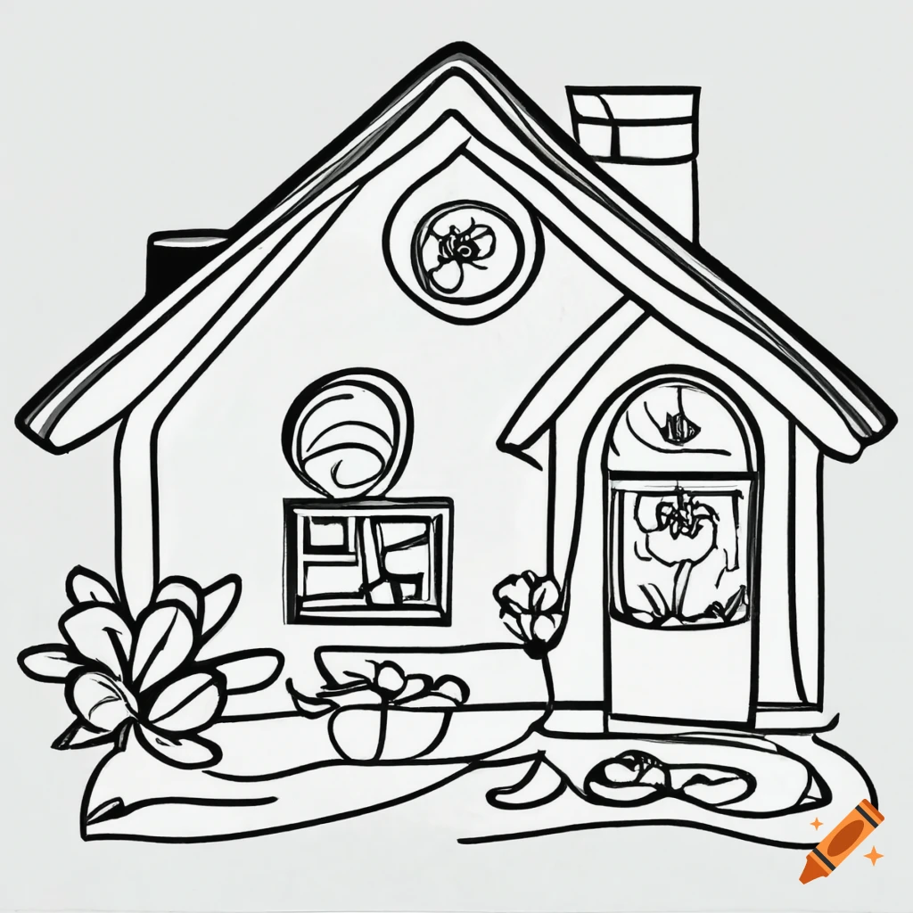 Simple house with flowers in coloring book style on