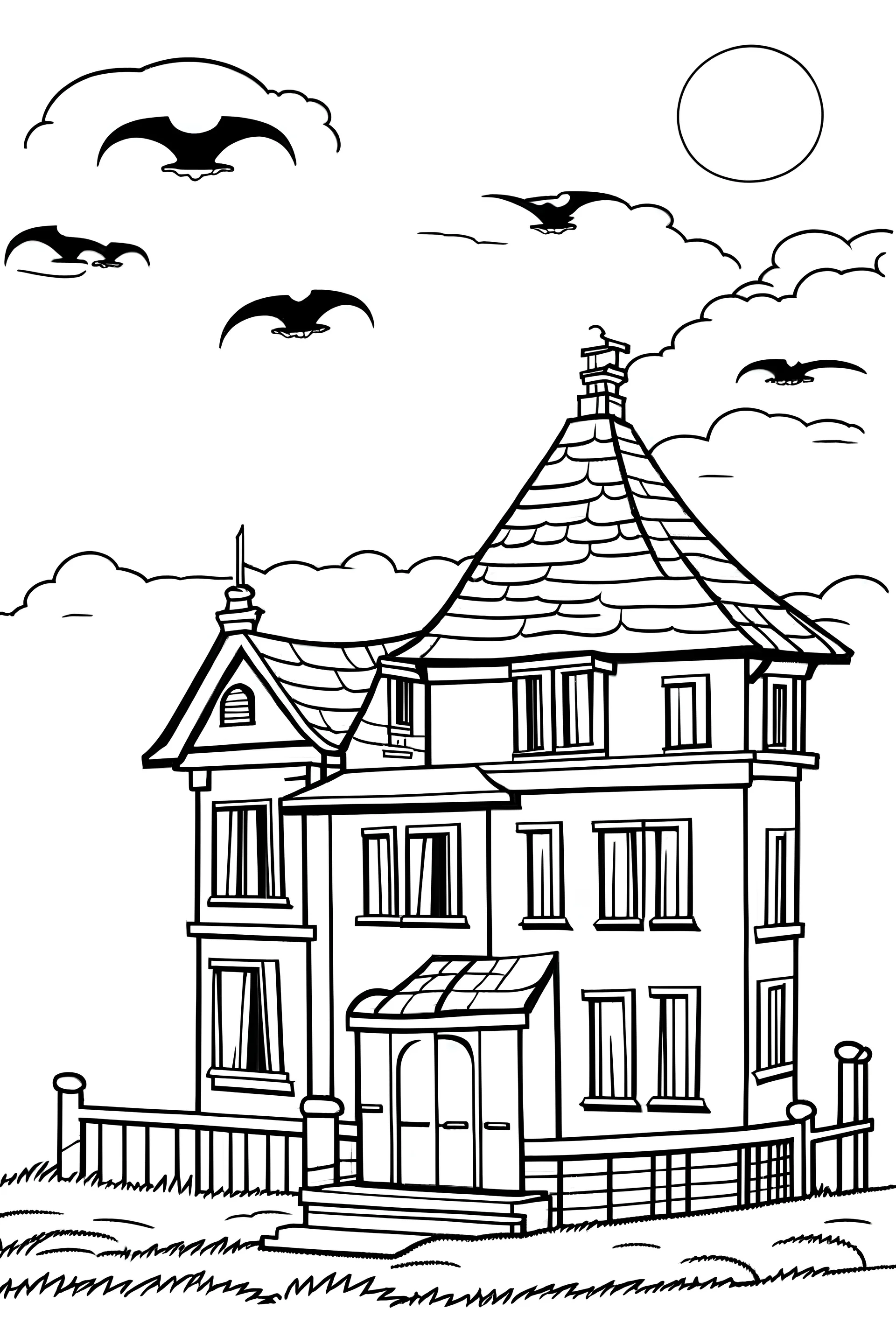 A simple coloring page of a spooky old haunted ho gallery