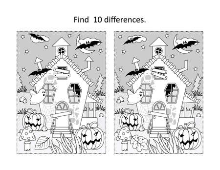 Find differences visual puzzle and coloring page with halloween haunfed house