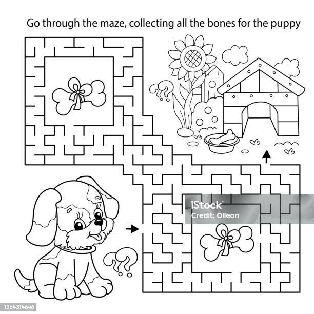 Maze or labyrinth game puzzle coloring page outline of cartoon little dog with doghouse or kennel coloring book for kids stock illustration