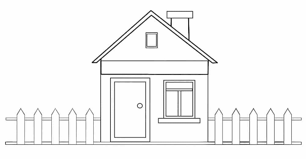 Simple drawing of a house with a fence coloring page