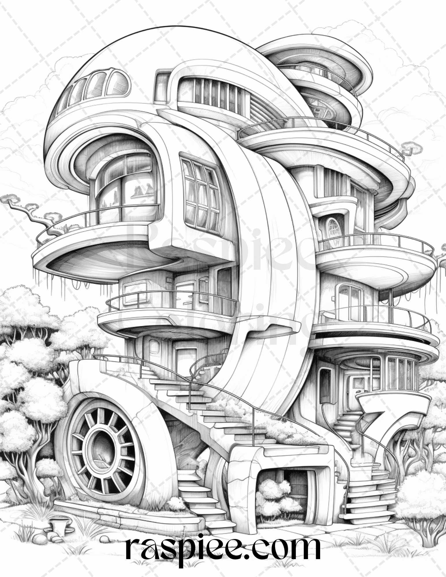 Futuristic houses grayscale coloring pages printable for adults pd â coloring
