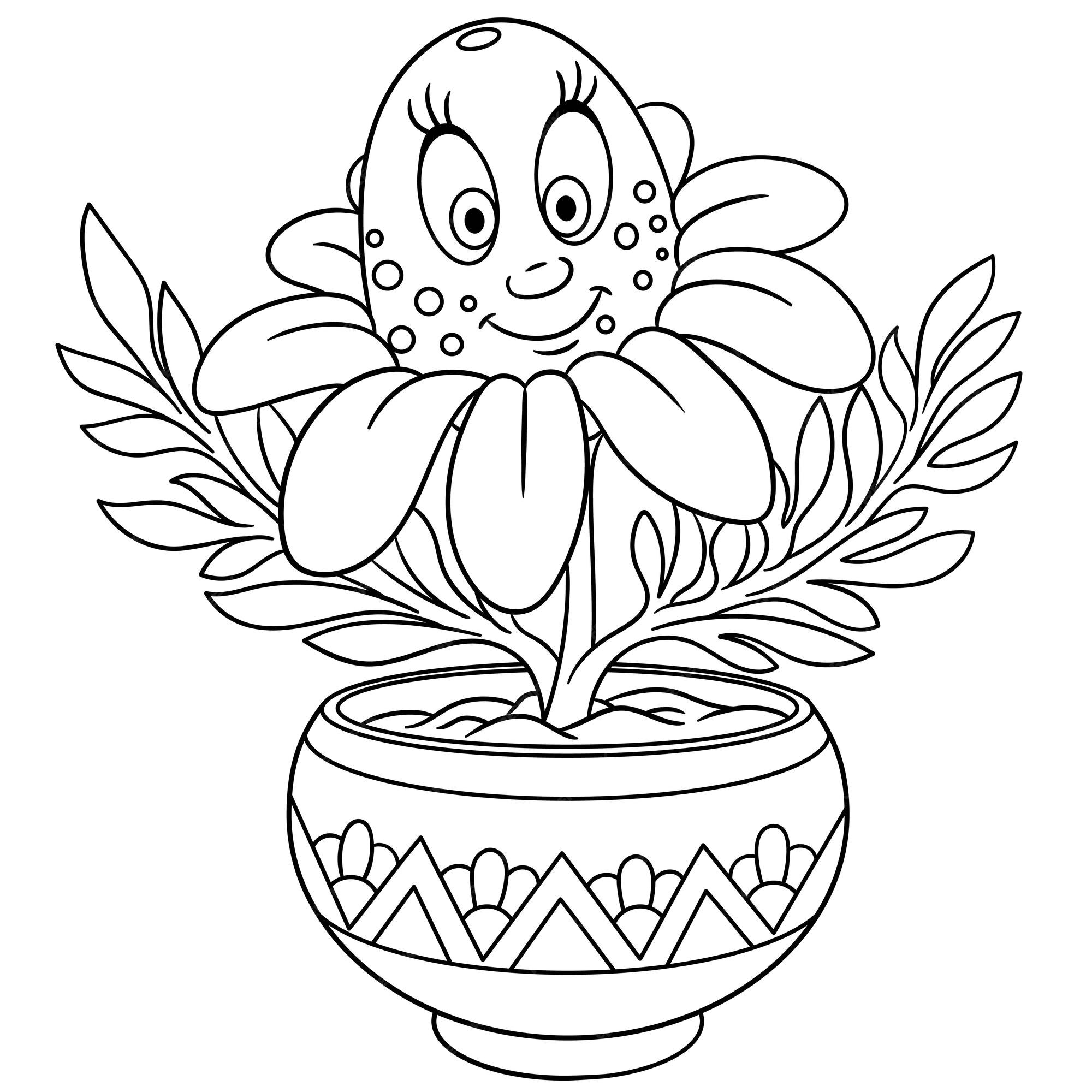 Premium vector cute daisy flower in pot cartoon funny food emoji face kids coloring page