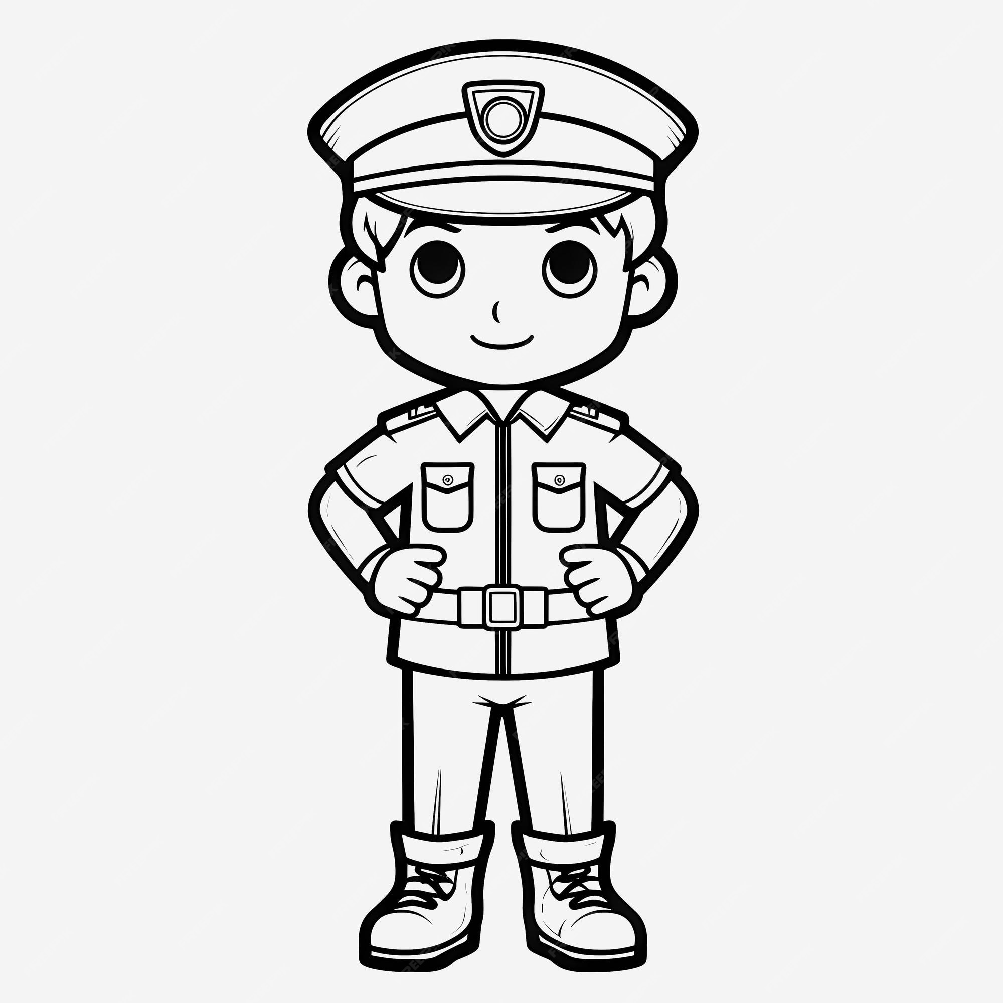 Premium photo childfriendly coloring page simple black and white illustration of a cute policeman