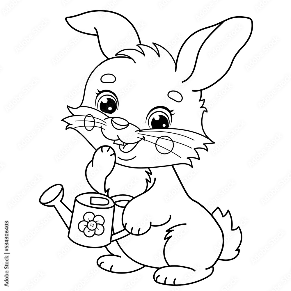 Coloring page outline of cartoon cute bunny or rabbit with a watering can coloring book for kids vector