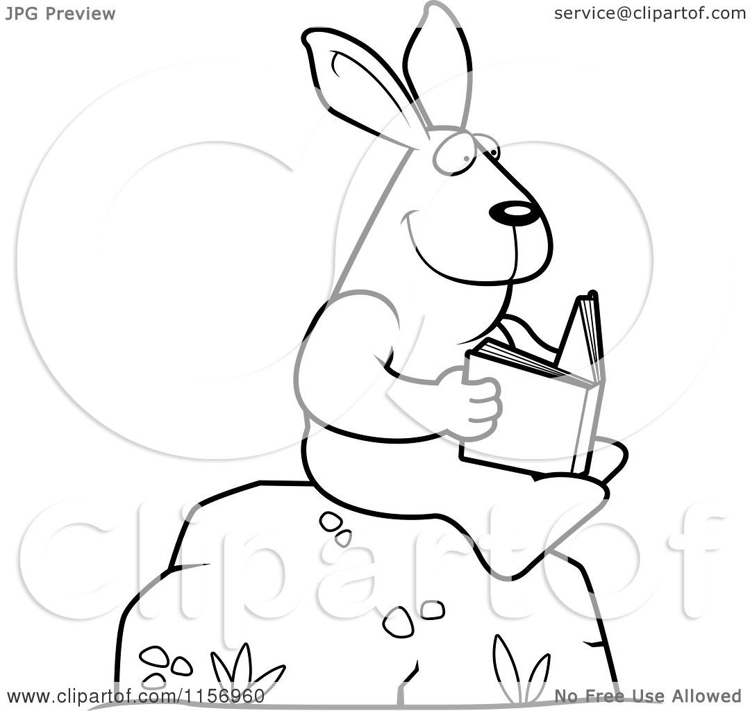 Cartoon clipart of a black and white rabbit reading a book on a boulder